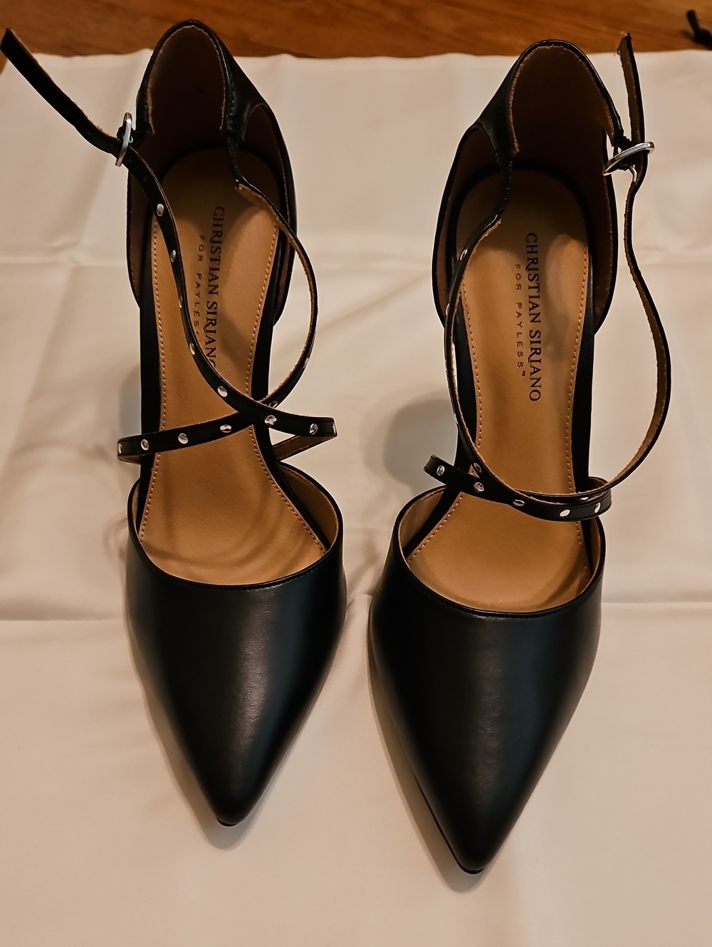 Christian Siriano Black Pointed-Toe Studded Ankle-Strap Pumps. Size 10